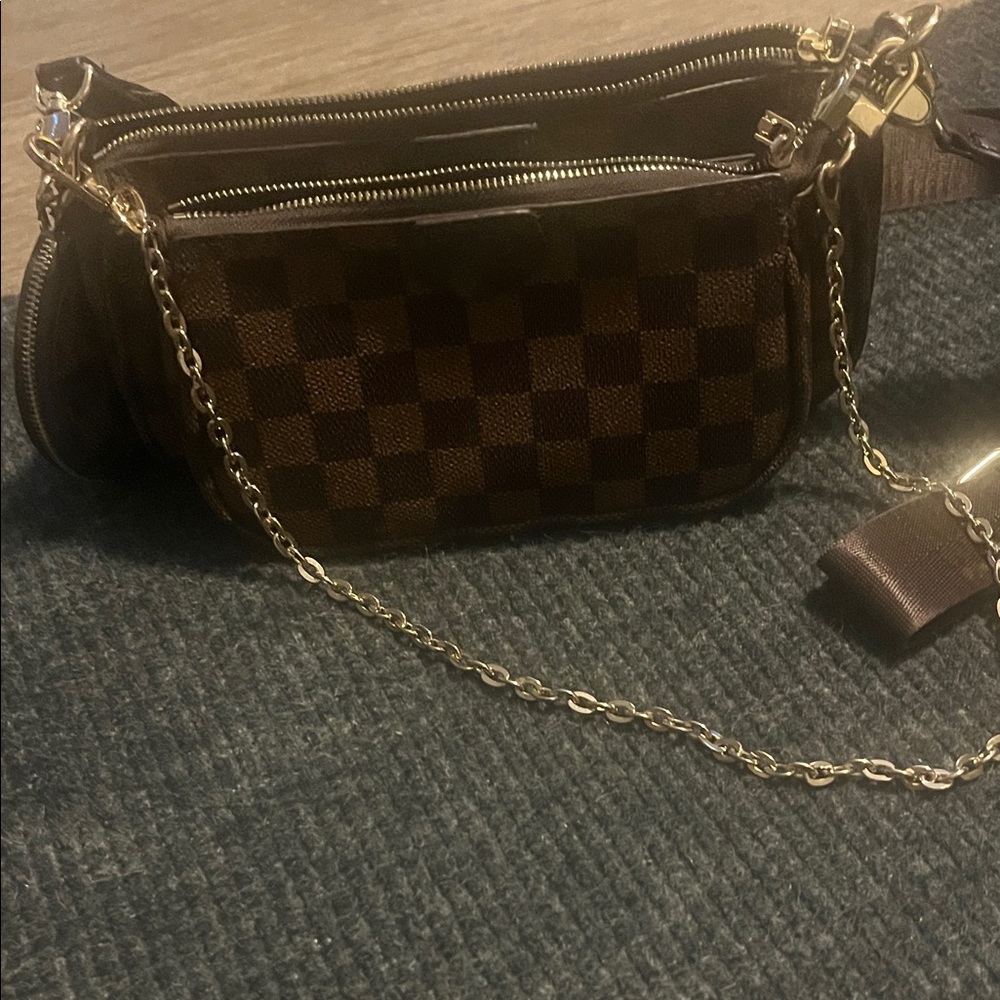 Brown Checkered Women's Bag with Gold Chain